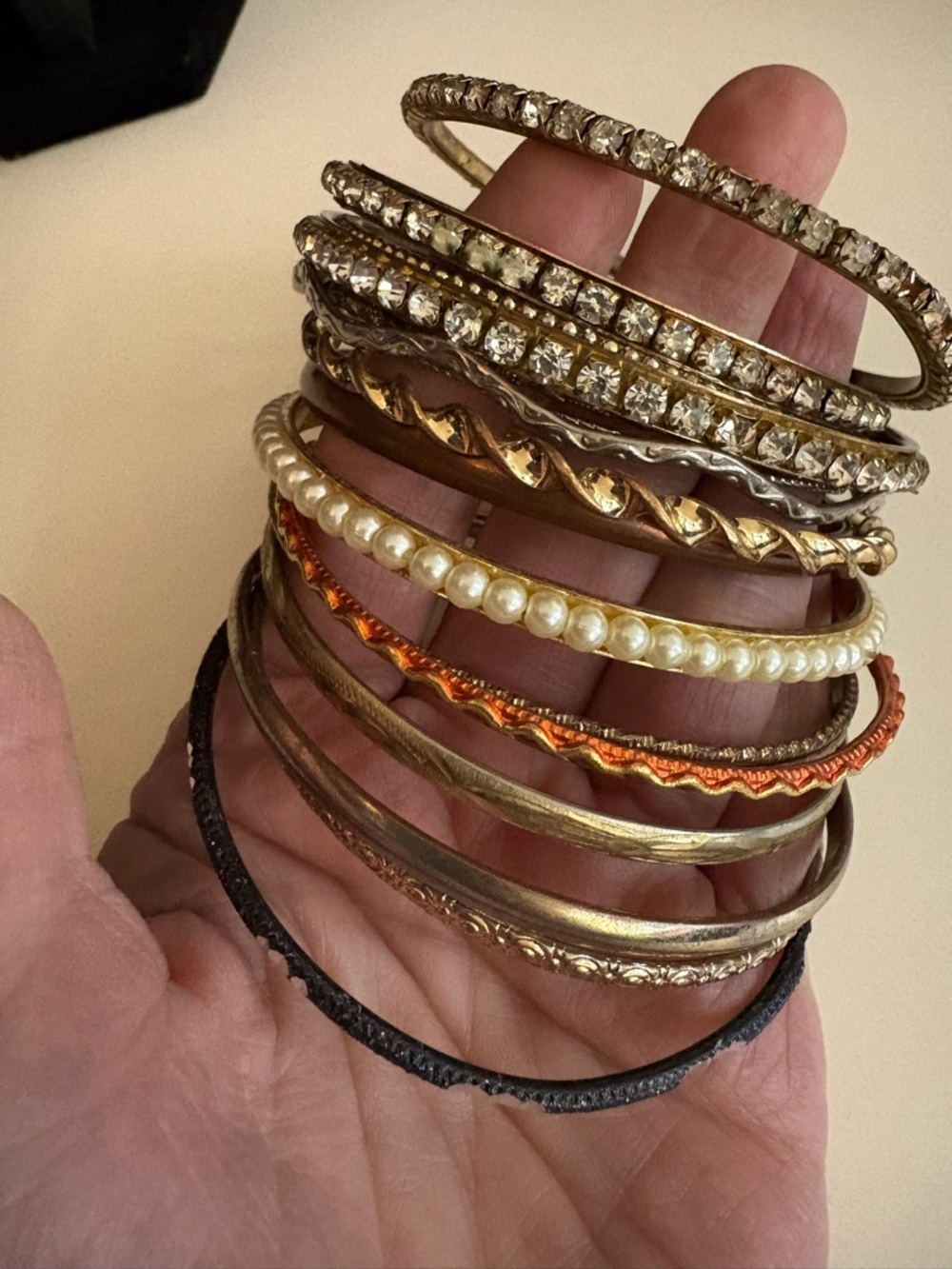 Gold-Tone Mixed Bangle Bracelet Set with Accent Pearls and Rhinestones - Picture 2 of 2